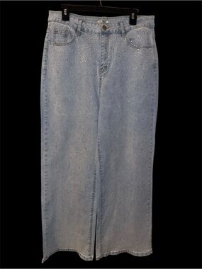 Light Wash Wide-Leg Jeans with Crystal Embellishment